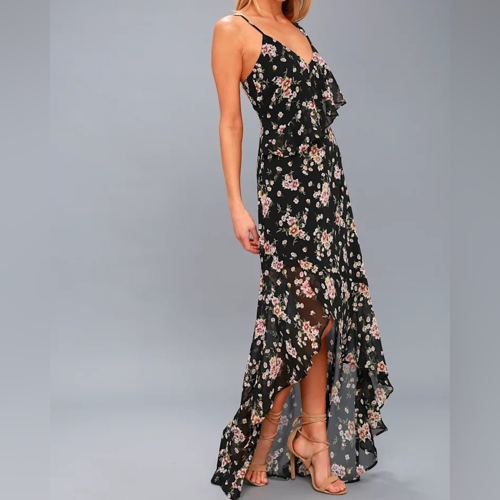 Lulus Harmonia Black Floral Print High-low Maxi Dress size S